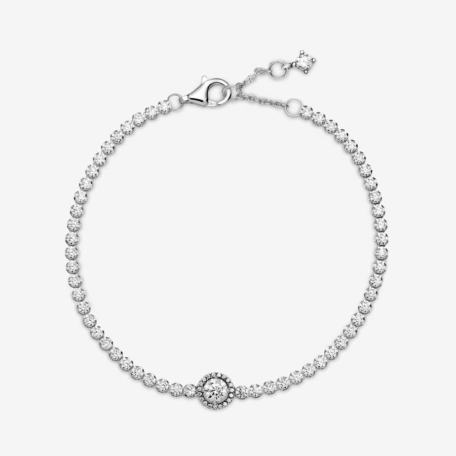 PANDORA Sparkling Halo Tennis Bracelet - Silver Bracelet for Women - Features Sterling Silver & Cubic Zirconia - Gift for Her - 6.3", With Gift Box