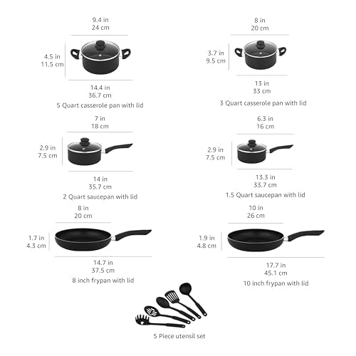 Amazon Basics Non-Stick Kitchen Cookware 15-Piece Set with Stay-Cool Handles, Even Heating, Non-Induction, Includes Pots, Pans, and Utensils, Black