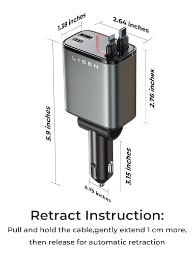 LISEN Retractable Car Charger, 69W Cars Adapter USB C Fast Charger for iPhone 17 Pro Max 16, Car Accessories for Valentines Day Gifts for him Her Birthday Gifts for Men Women 2026 Tech Gadgets for Men