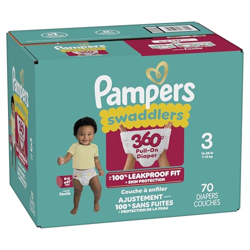 Pampers Diapers - Swaddlers 360° - Size 3, 70 Count, up to 100% Leakproof Comfy Dry Fit, Designed for Easy Changes, Pull On Baby Diaper (Packaging May Vary)