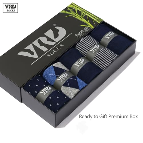 VRD Men’s Dress Socks Bamboo Rayon 5-Pack Crew Socks Assorted Pattern Fits Shoe Size 8-13 Gift Box