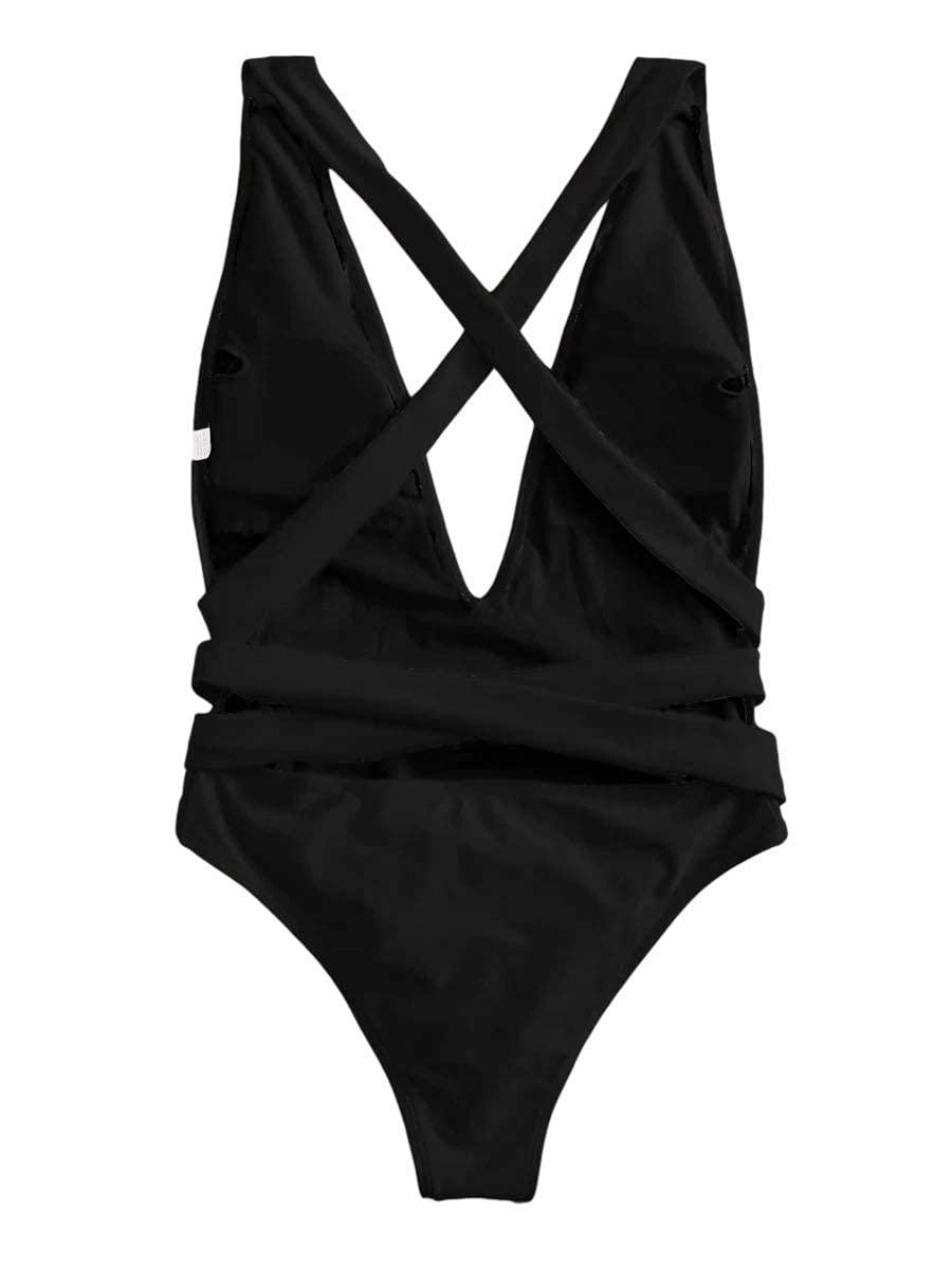 Lilosy Petite Sexy Lace Up Plunge Neck Backless High Waisted Cut Leg Rise Thong Cheeky Brazilian 1 Piece Bikini Swimsuit Women Back Bathing Suit Tie Criss Cross Monokini Black XX-Small