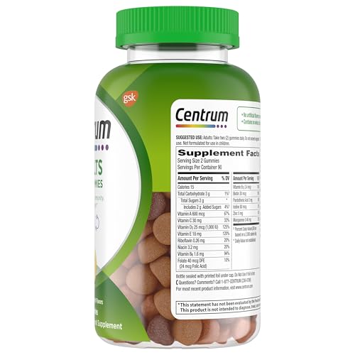 Centrum MultiGummies Gummy Multivitamin for Adults, Multivitamin/Multimineral Supplement with Vitamins D, B and E, Assorted Fruit Flavor - 18 Count