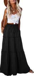 EARKOHA Trendy Lightweight Drawstring Tiered Ruffles Paisley Hippie Plus Size Bohemian Long Maxi Skirt with Deep Pockets for Office Music Festival Travel Picnic Dating Fall Outfits Black M
