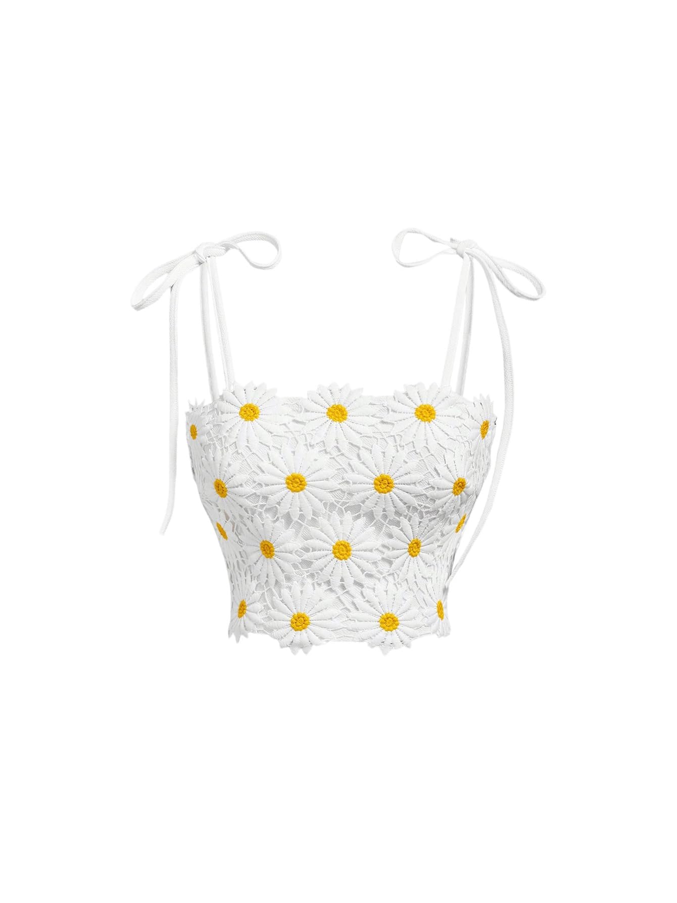 WDIRARA Women's Boho Daisy Floral Guipure Crop Top 3D Flower Tie Shoulder Square Neck Cute Cami Top White Large