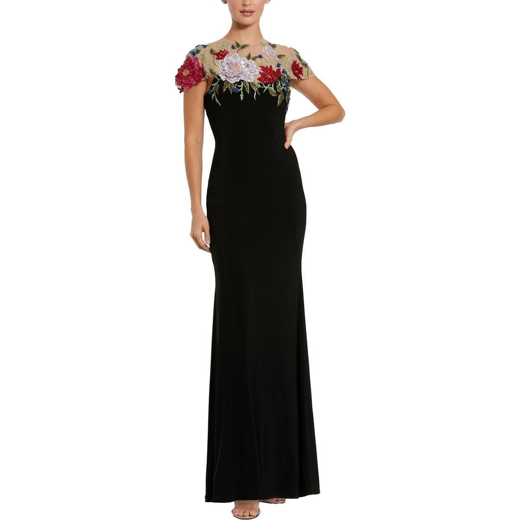 Floral Embellished Jersey Fitted Gown Black Multi