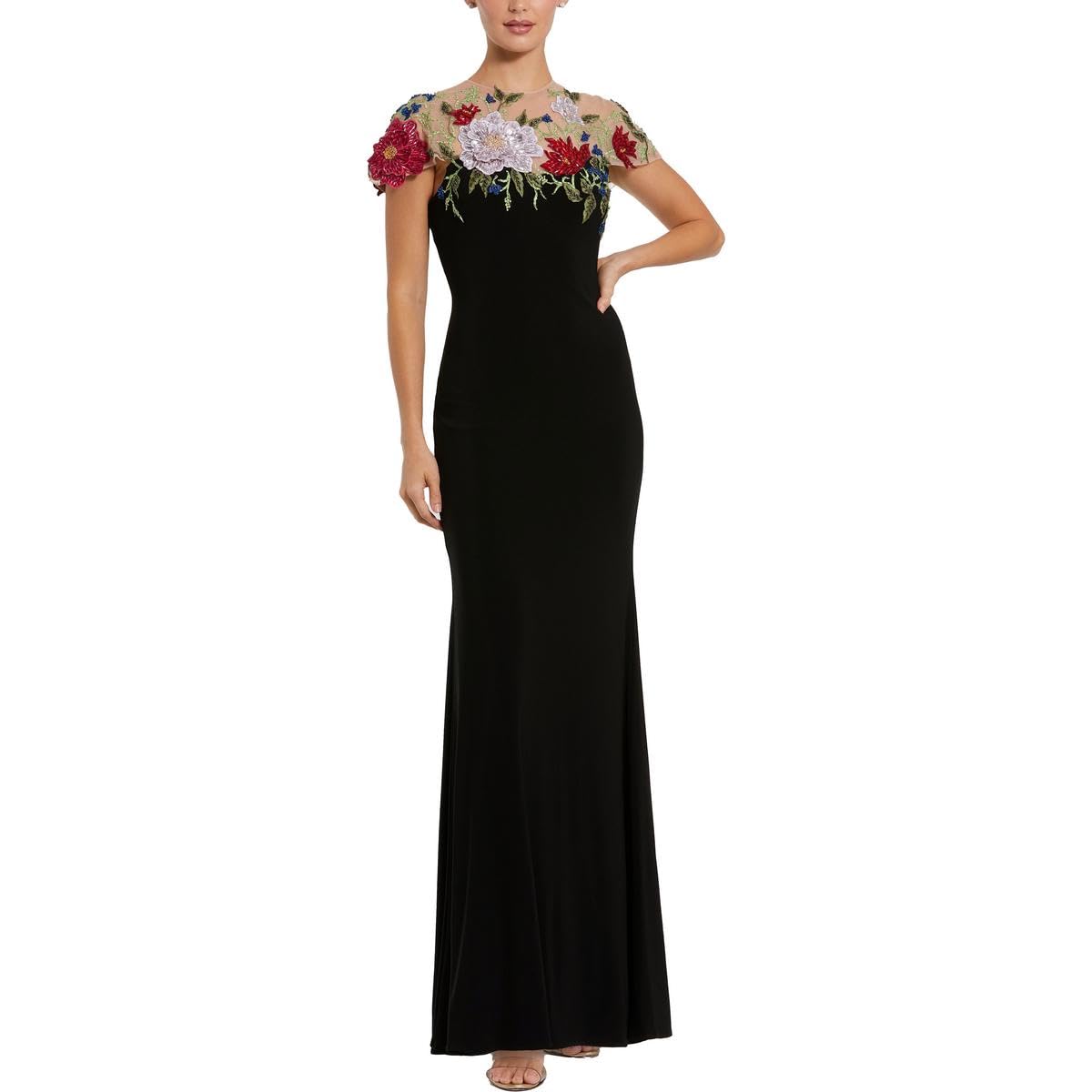 Floral Embellished Jersey Fitted Gown Black Multi