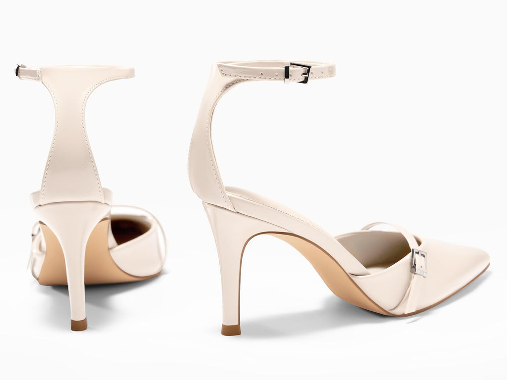 Coutgo Womens High Heels Closed Pointed Toe Ankle Buckle Strap Sexy Pumps Wedding Party Dress Shoes, Beige, Size 6