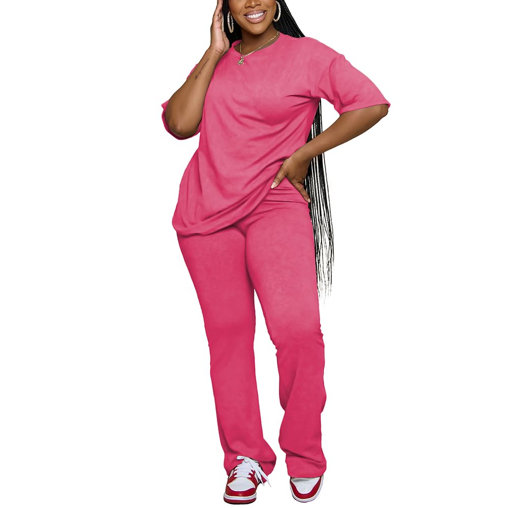PINSV Womens Sets 2 Piece Outfits Casual Short Sleeve Top and Flare Pants Lounge Sets Tracksuit Rose Red M
