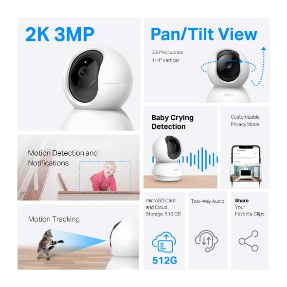 Tapo 2K Pan/Tilt Security Camera for Baby Monitor, Dog Camera w/Motion Detection, 2-Way Audio Siren, Night Vision, Cloud&SD Card Storage, Works w/Alexa & Google Assistant, 2-Pack (Tapo C210P2)