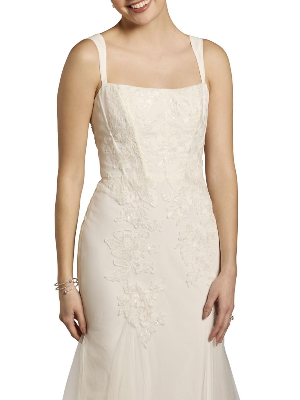 David's Bridal Tulle Lace Applique Corset Mermaid Wedding Dress, Women's Size 8, Ivory