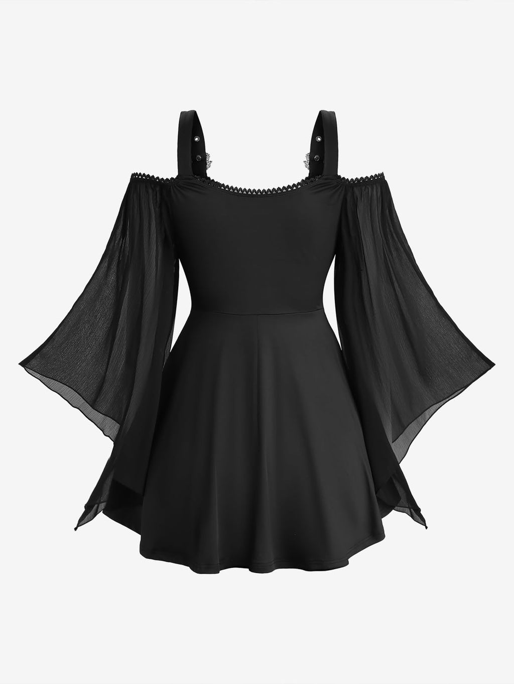 Rosegal Plus Size Women Gothic Costume T-Shirt 2 in 1 Top Cold Shoulder Chiffon Bell Sleeves Rose Flower Print Lace Up Flowy Top(Black/S)