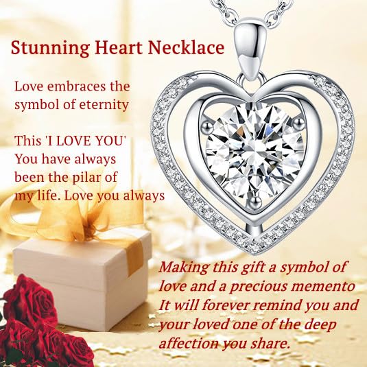 Heart Pendant Gold Necklace for Women Moissanite Lab-Created Gem I Love You Wedding Anniversary Birthday Christmas Valentine Engagements Mothers Day Jewelry for Wife Her Girlfriend Mom Daughter