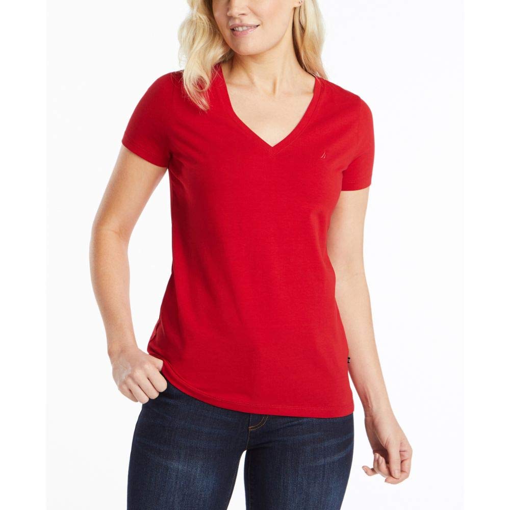 Nautica Women's Easy Comfort V-Neck Supersoft Stretch Cotton Solid T-Shirt Shirt, nautica Red, Medium