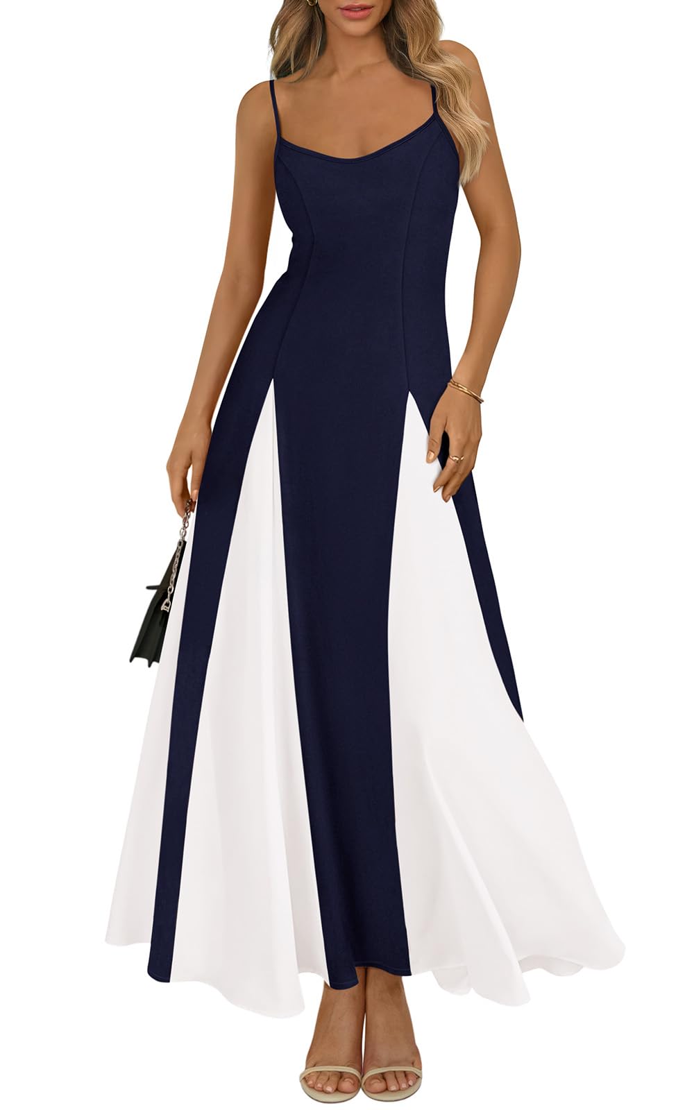 PRETTYGARDEN Spaghetti Strap Backless Spring Dresses for Women 2026 Flowy Maxi Dresses Sleeveless Wedding Guest Dress Navy White, Small