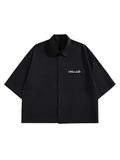 GORGLITTER Men's Striped Button Down Up Cropped T Shirt Short Sleeve Letter Summer Vacation Shirts Boxy Tees Streetwear Black Small