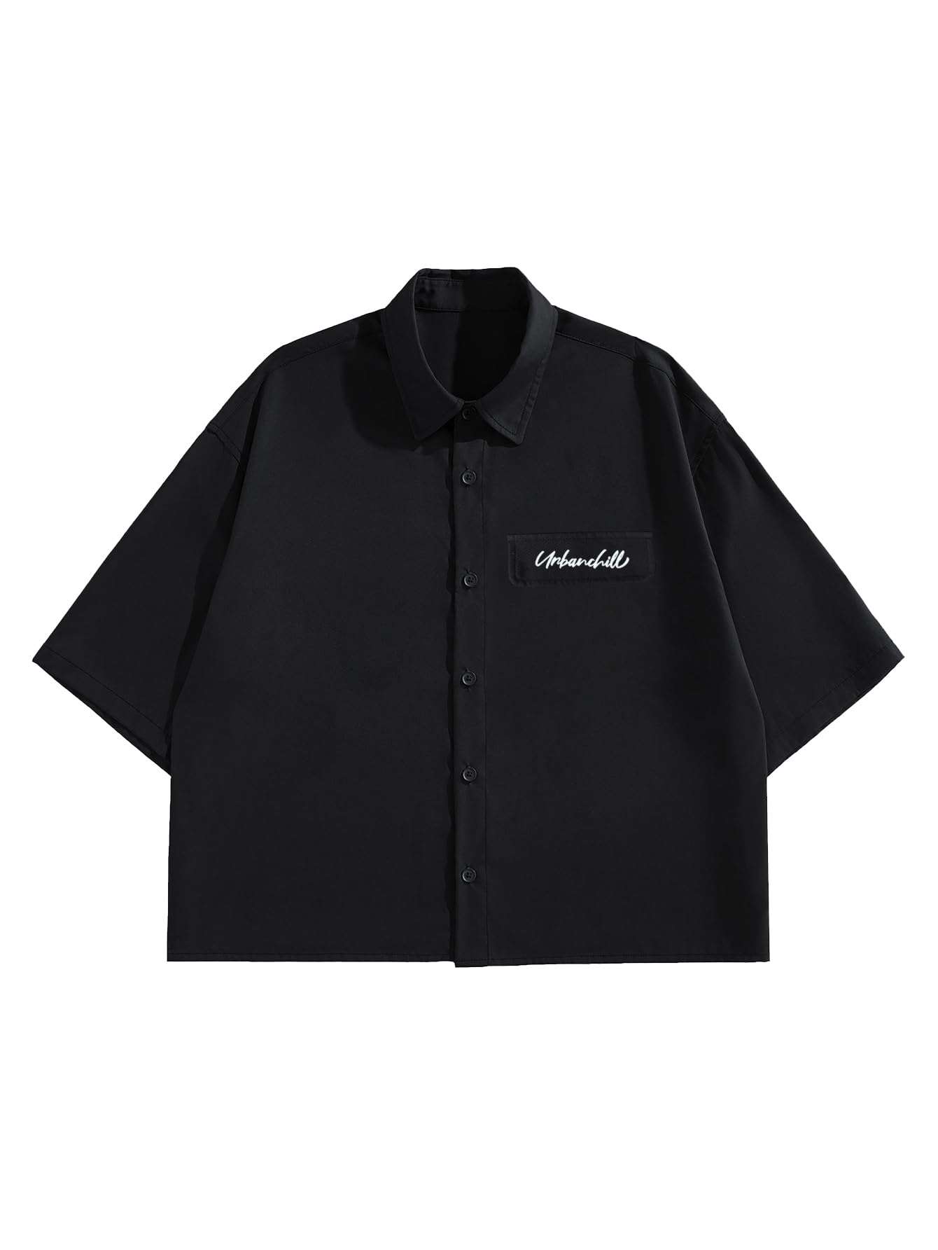 GORGLITTER Men's Striped Button Down Up Cropped T Shirt Short Sleeve Letter Summer Vacation Shirts Boxy Tees Streetwear Black Small