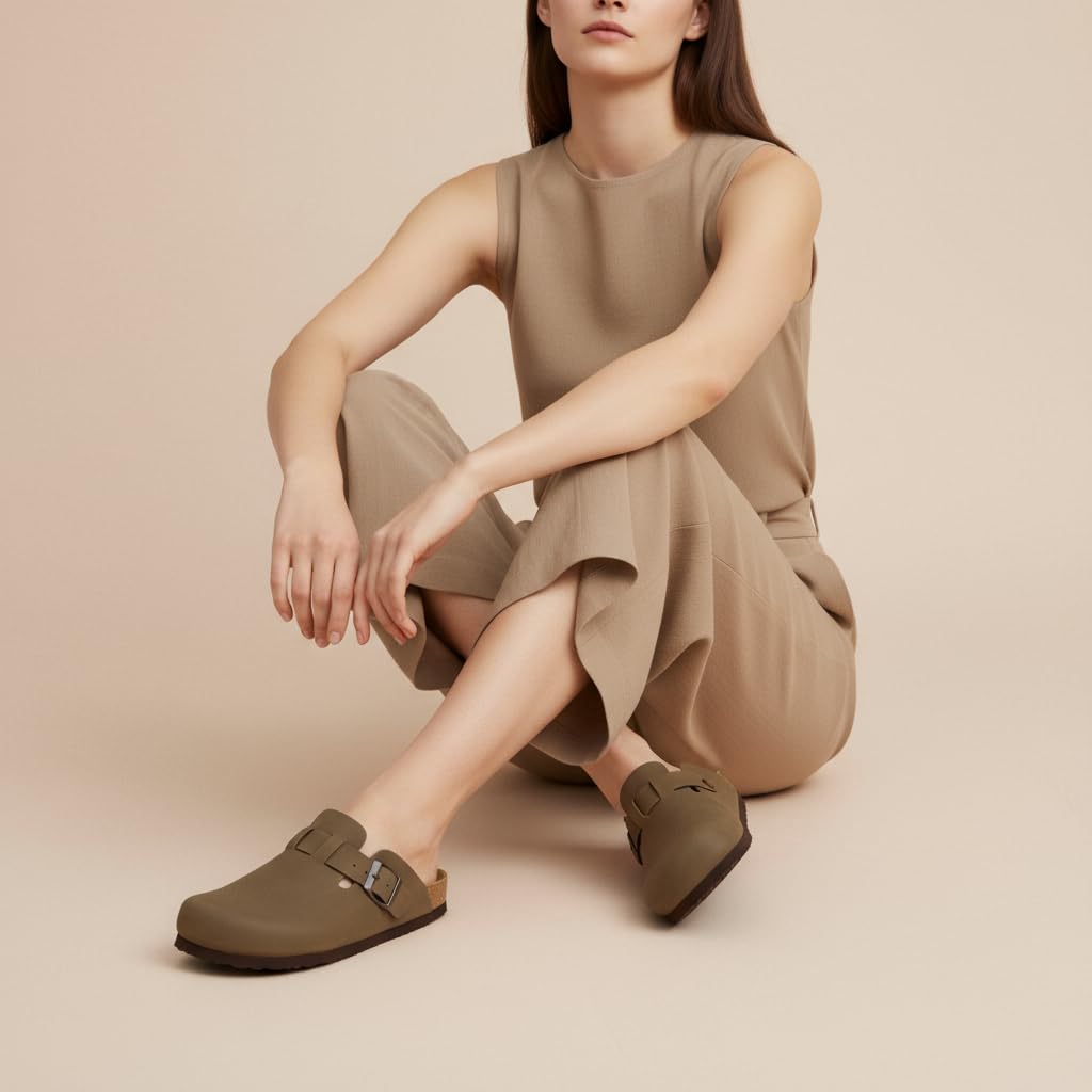 CUSHIONAIRE Hana Womens Clogs | Comfortable Vegan Suede Clogs for Women | Slip On Potato Shoes with Cork Footbed & Arch Support, Brown 8.5W