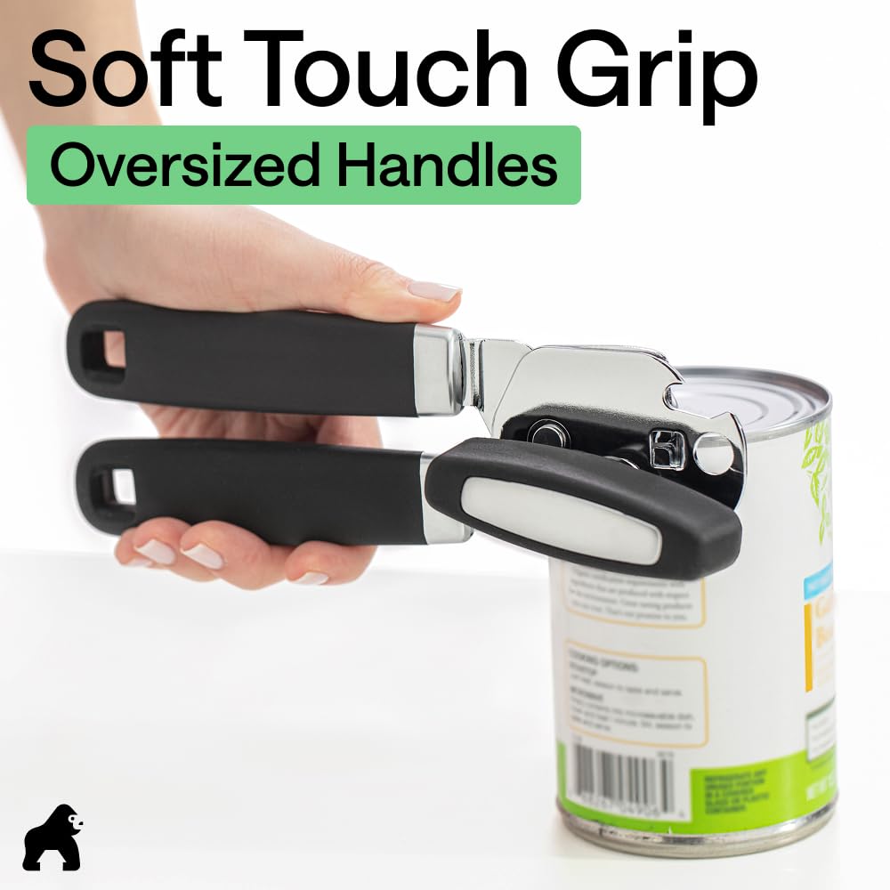 GORILLA GRIP Heavy Duty Stainless Steel Smooth Edge Manual Can Opener and Bottle Openers, US Designed, Soft Comfortable Handle, Oversized Handheld Turn Knob, Multifunctional Kitchen Tool, Black
