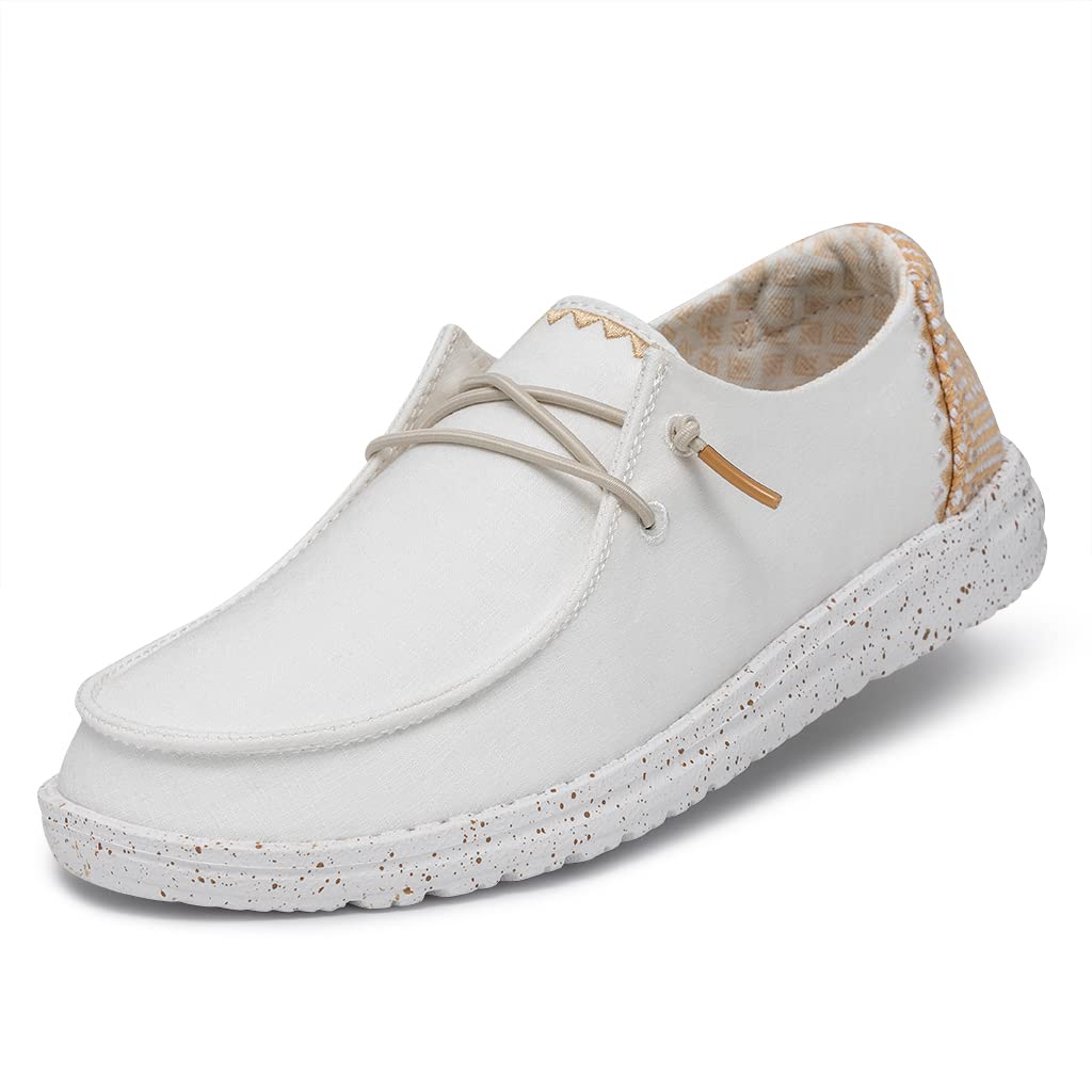 HEYDUDE Women's Wendy Chambray White Sand Size 8 | Women’s Shoes | Women’s Lace Up Loafers | Comfortable & Light-Weight