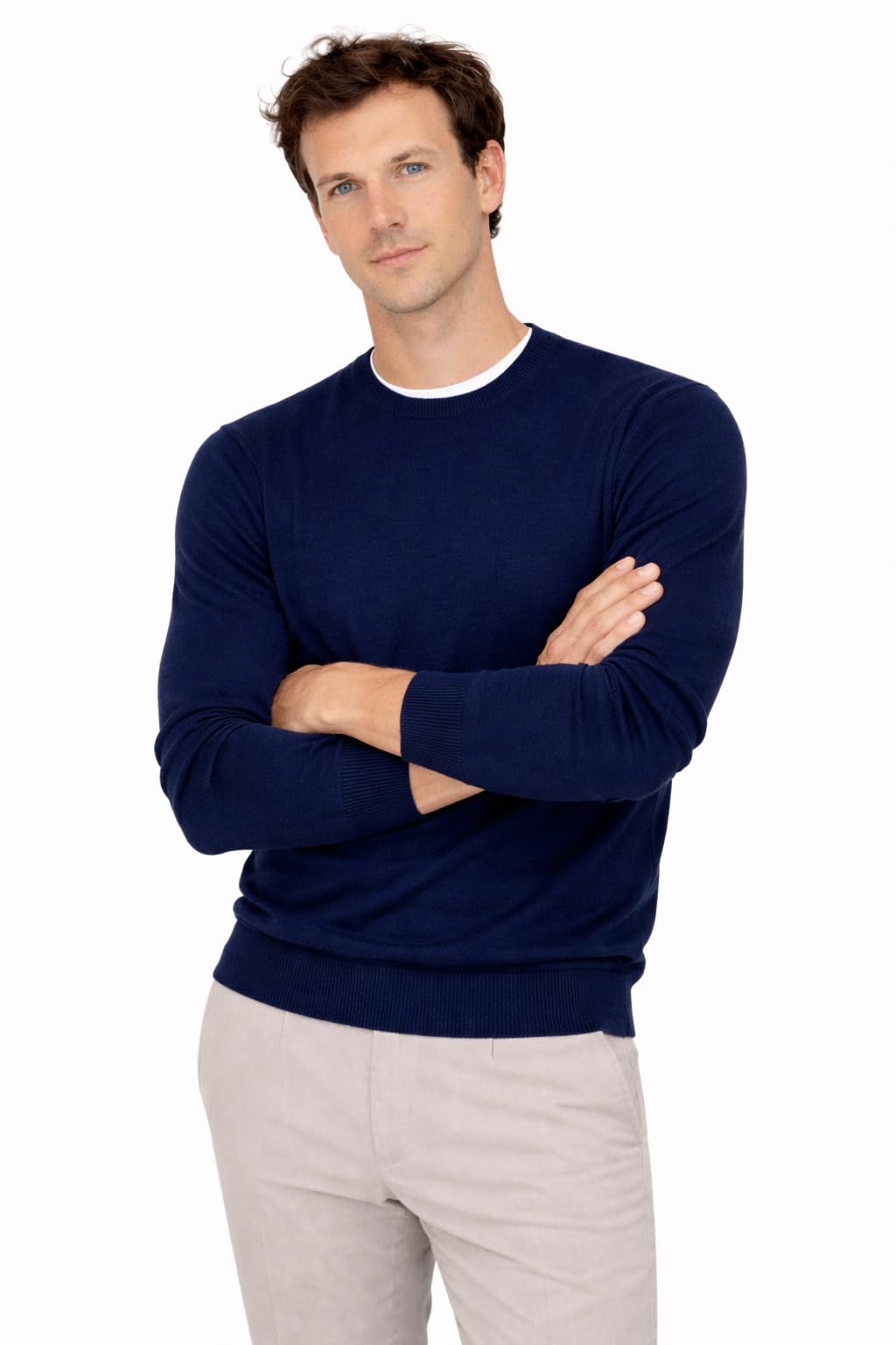 State Cashmere Men's Essential Crewneck Sweater 100% Pure Cashmere Classic Long Sleeve Pullover (Navy, Large)