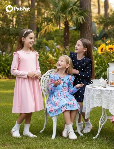PATPAT Toddler Girl Outfit Set – Flutter Sleeve Long Sleeve Dresses in Sweet Blue Flower Patterns, Blue Flower, 5-6 Years
