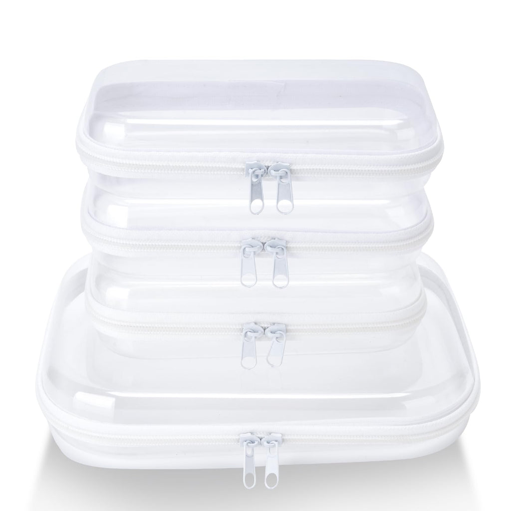 WELPIRT 4 pcs Clear Zipper Pouches,Hard Shell Zipper Case, Toiletry Bag for Travel, CLear Diaper Bag, Toiletry Pouch, Travel Organizer, Cosmetic Bag,Toy Storage Bins (M+3S)