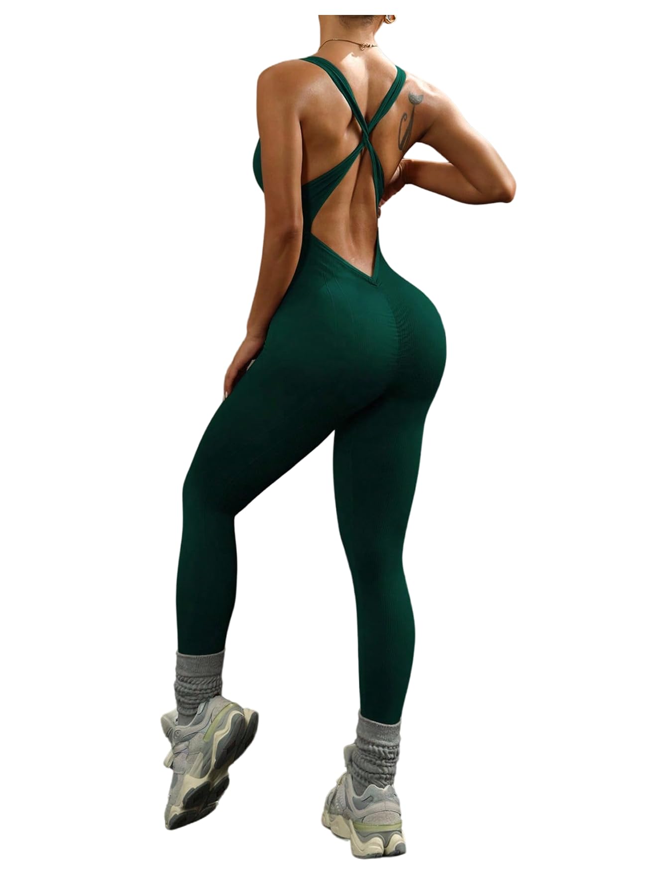 WDIRARA Women's Workout Jumpsuit V Neck Sleeveless Criss Cross Backless Yoga Jumpsuit Pants Romper Dark Green Large
