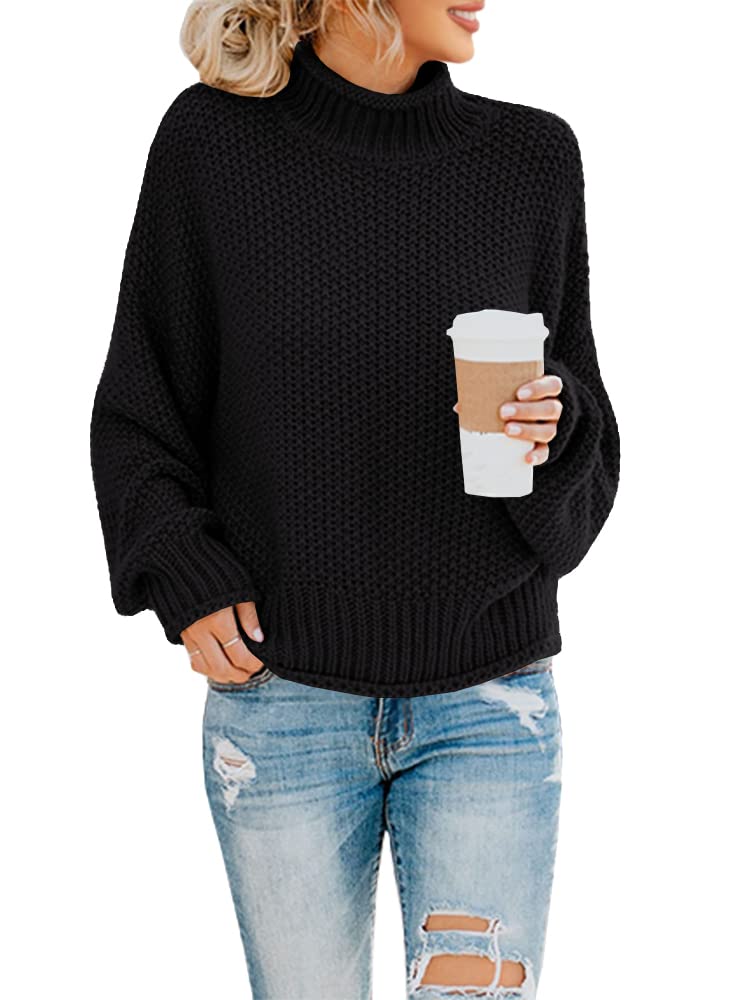 Saodimallsu Womens Turtleneck Oversized Sweaters Batwing Long Sleeve Pullover Loose Chunky Knit Jumper (Medium, Black)