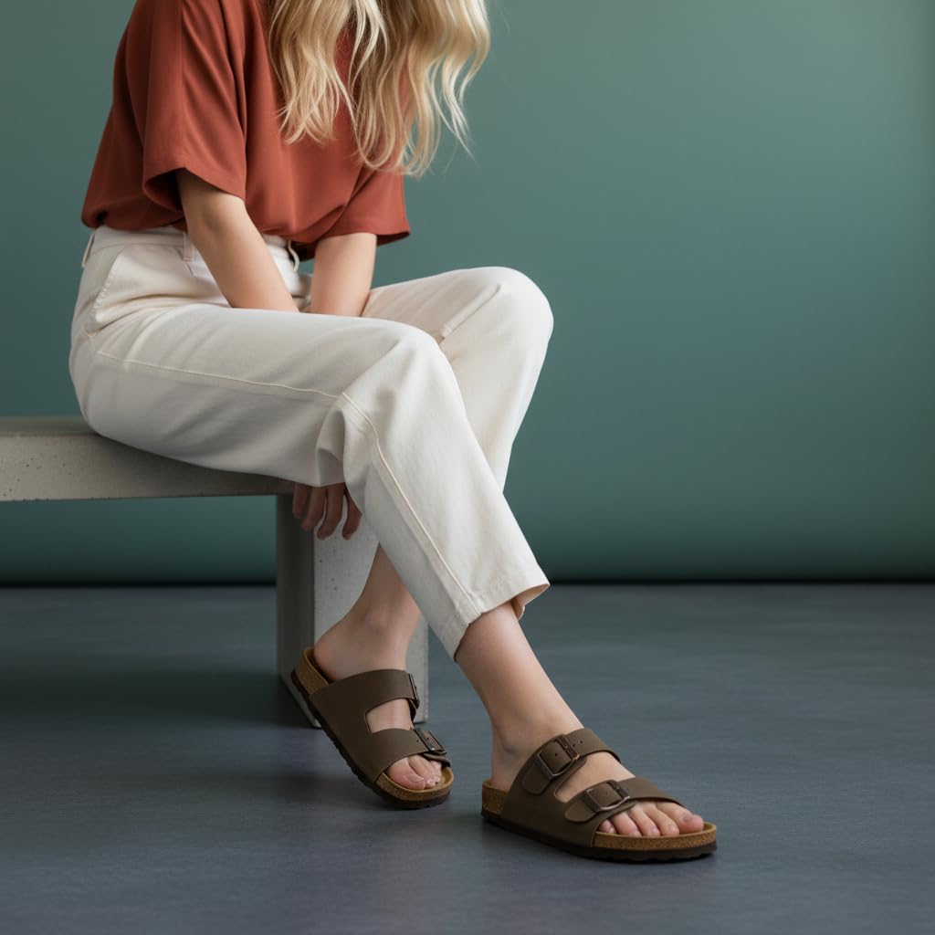 CUSHIONAIRE Lane Cork Footbed Womens Sandals Comfortable Double Buckle Slip On Sandals for Women with Arch Support and Classic Two Strap Design, BROWN 9W
