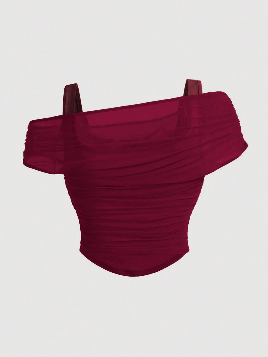 WDIRARA Women's Plus Size 2 in 1 Sheer Mesh Off Shoulder Tops Ruched Asymmetrical Short Sleeve Tee Shirt Red XX-Large Plus