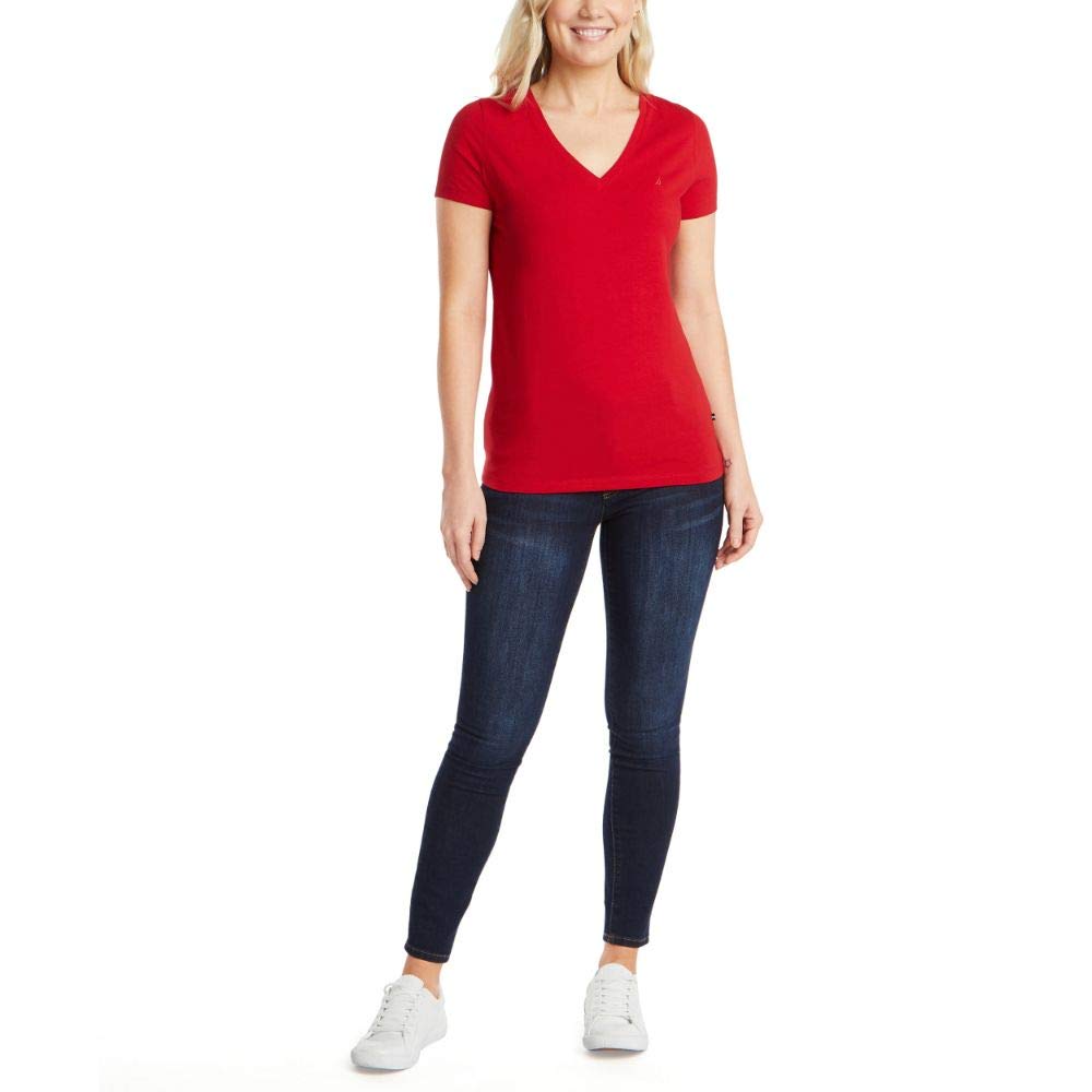 Nautica Women's Easy Comfort V-Neck Supersoft Stretch Cotton Solid T-Shirt Shirt, nautica Red, Medium