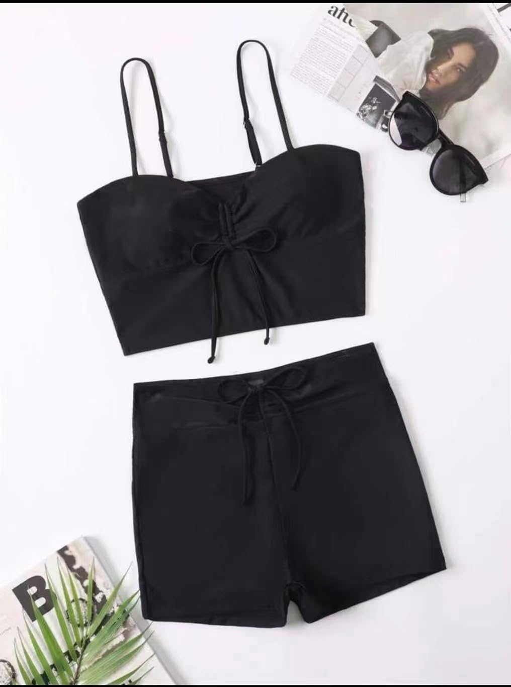 Lilosy Petite Tummy Control Drawstring High Waisted Bikini Set String Swimsuit Spaghetti Strap Cami Top and Tie Side Shorts 2 Piece Women Bathing Suit Black X-Small