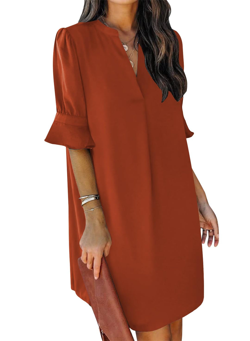 QACOHU Women's V-Neck Short Sleeve Summer Mini Dress Breathable Soft Tunic Dress Brown L