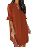 QACOHU Women's V-Neck Short Sleeve Summer Mini Dress Breathable Soft Tunic Dress Brown L