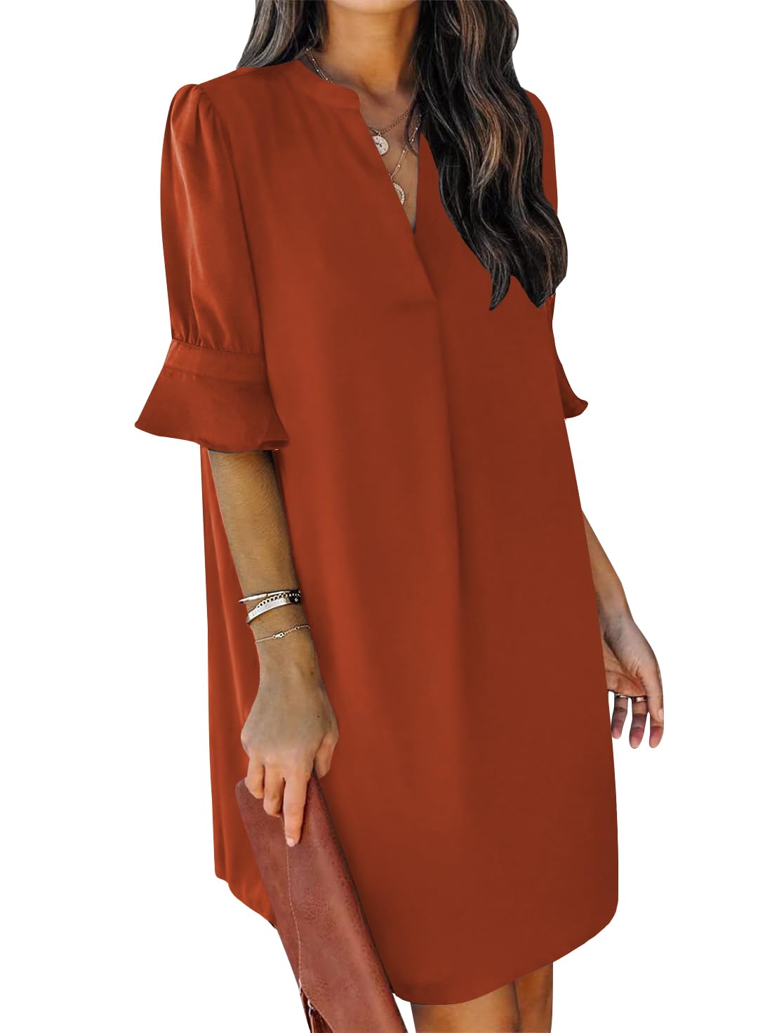 QACOHU Women's V-Neck Short Sleeve Summer Mini Dress Breathable Soft Tunic Dress Brown L