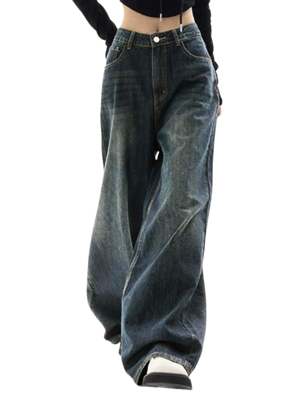 EMMIOL Jeans for Women Wide Leg Baggy Jeans Y2K Casual Loose Boyfriends Trousers Vintage Streetwear Black,S