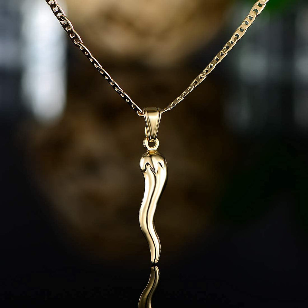 Barzel 18K Gold Plated Flat Marina Chain With Italian Horn Necklace Cornicello - Made In Brazil (24 Inches)