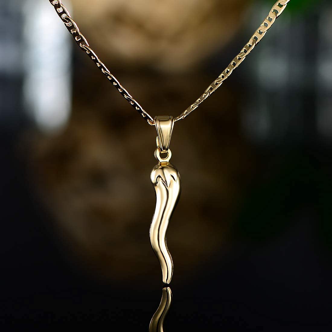 Barzel 18K Gold Plated Flat Marina Chain With Italian Horn Necklace Cornicello - Made In Brazil (24 Inches)