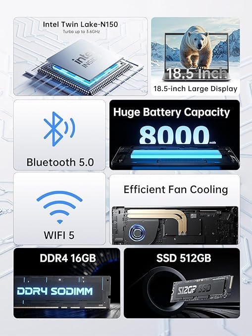 Laptop 18.5 Inch with 8000 mAh Battery,Intel N150 Quad-Core Processor UP to 3.6GHZ,16GB DDR4 RAM 512GB SSD,WiFi,Full HD IPS Display,2026 Windows 11 Laptops Computer for Business Office Student