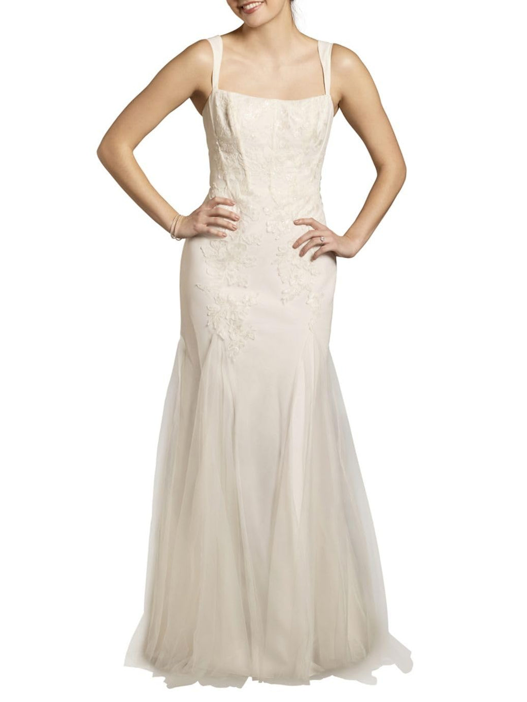 David's Bridal Tulle Lace Applique Corset Mermaid Wedding Dress, Women's Size 8, Ivory
