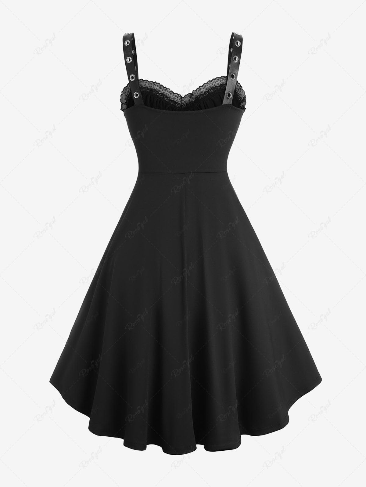 ROSE GAL Women Plus Size Gothic Lace-up PU Leather Patchwork Flocking Midi Dress Buckles Lace Trim Vintage Goth Midi Dress(Red_2/1X)