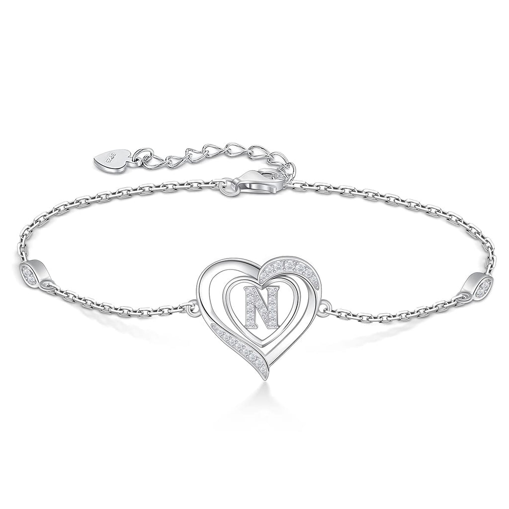 RIVIKO Heart Initial Bracelets for Women, 925 Sterling Silver Letter N Bracelets,Mothers Day Gifts for Wife