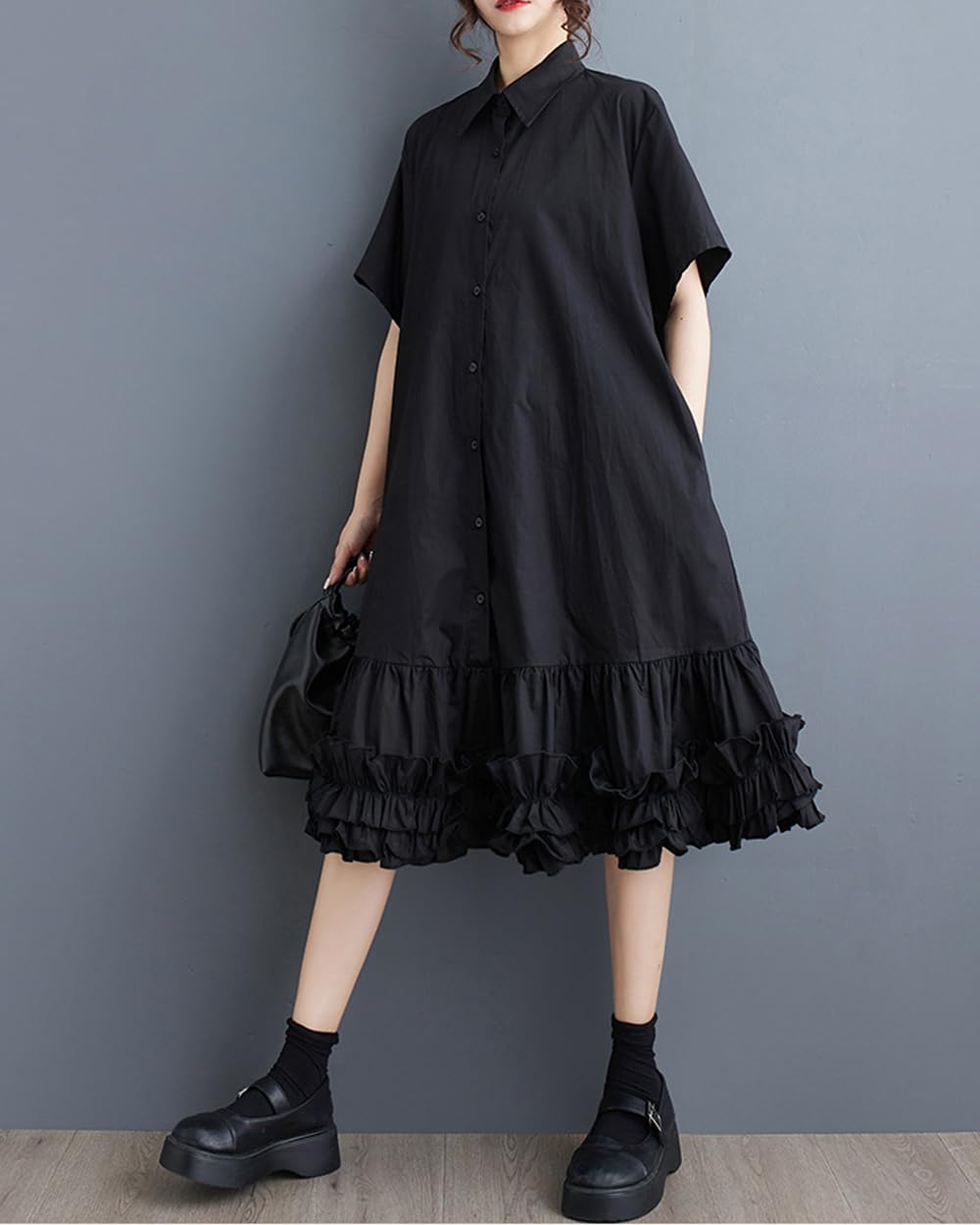 ellazhu Women's Shirt Dress Button Down Lapel Short Sleeve Ruffle Hem Oversize Loose Casual Solid GZ183 Black