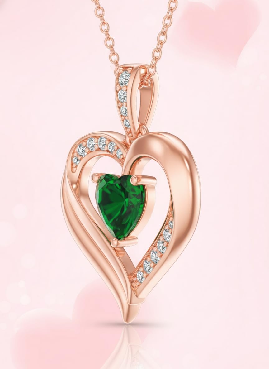 KQ&TTENG Necklace for Women Rose Gold Heart Emerald Pendant May Birthstone Necklace Jewellery Birthday Gifts for Wife Mother Her