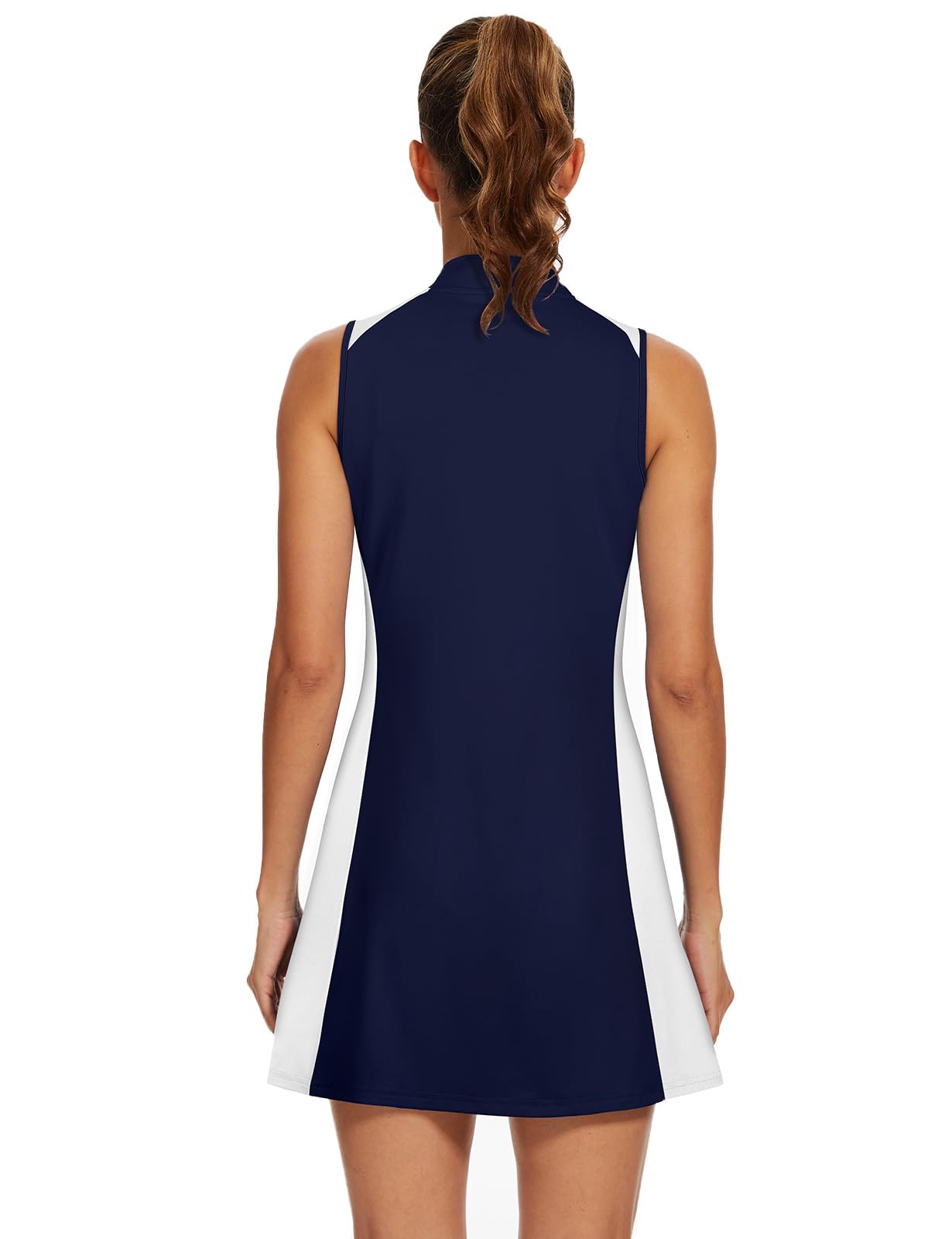 Viracy Tennis Dress for Women Golf Dresses with Built in Shorts, Pockets Sleeveless Slimming Athletic Dress Zip Up Stand Collar Lightweight for Hiking Running, Dark Blue, Large