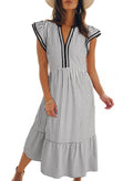 Dokotoo Summer Dresses for Women 2026 V-Neck Ruffle Cap Sleeve Empire Waist Dress Striped Flowy Midi Maxi Beach Dresses Black Dress with Pockets Medium