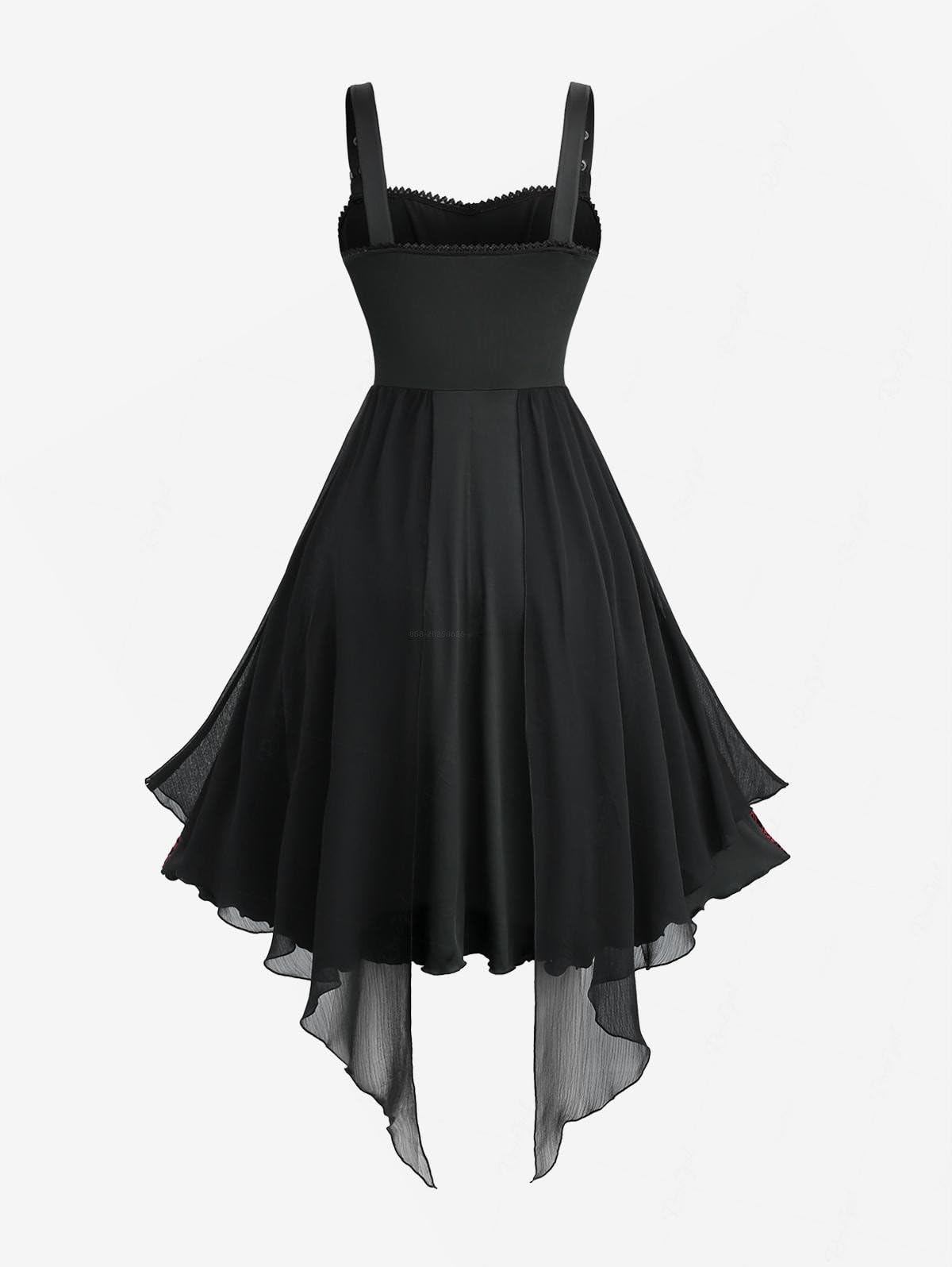 ROSE GAL Plus Size Womens Vintage Goth Midi Dress Flower Flocking Lace-up Buckles Straps Asymmetrical Sleeveless Gothic Dress(Red_1/4X)