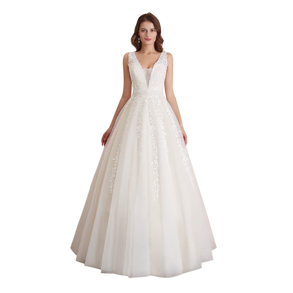 Abaowedding Women's Wedding Dress for Bride Lace Applique Evening Dress V Neck Straps Ball Gowns Ivory US 16