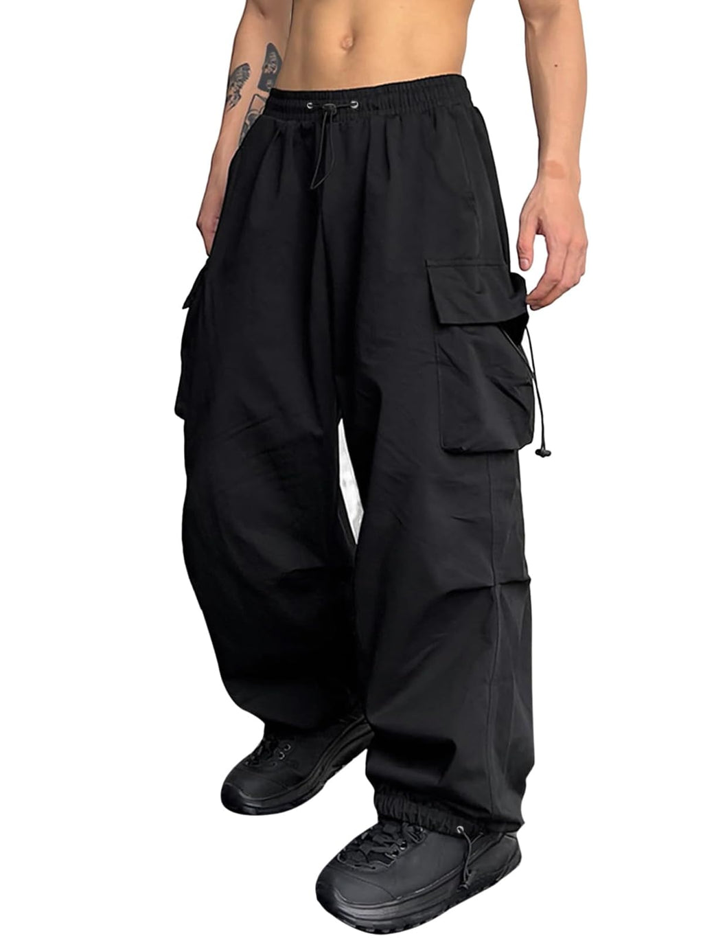ZAFUL Flat Pocket Parachute Pants for Men Causal Baggy Cargo Pants Unisex Street Y2K Pants Drawstring Trousers Black M